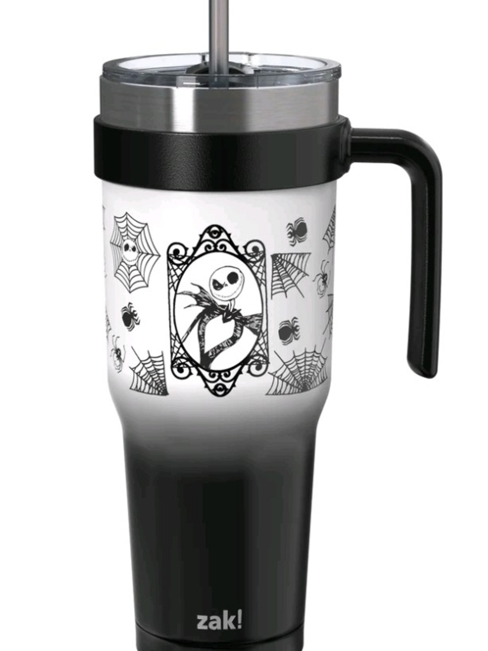 Zak! Black & White Halloween Jack Skellington Travel Tumbler with Handle